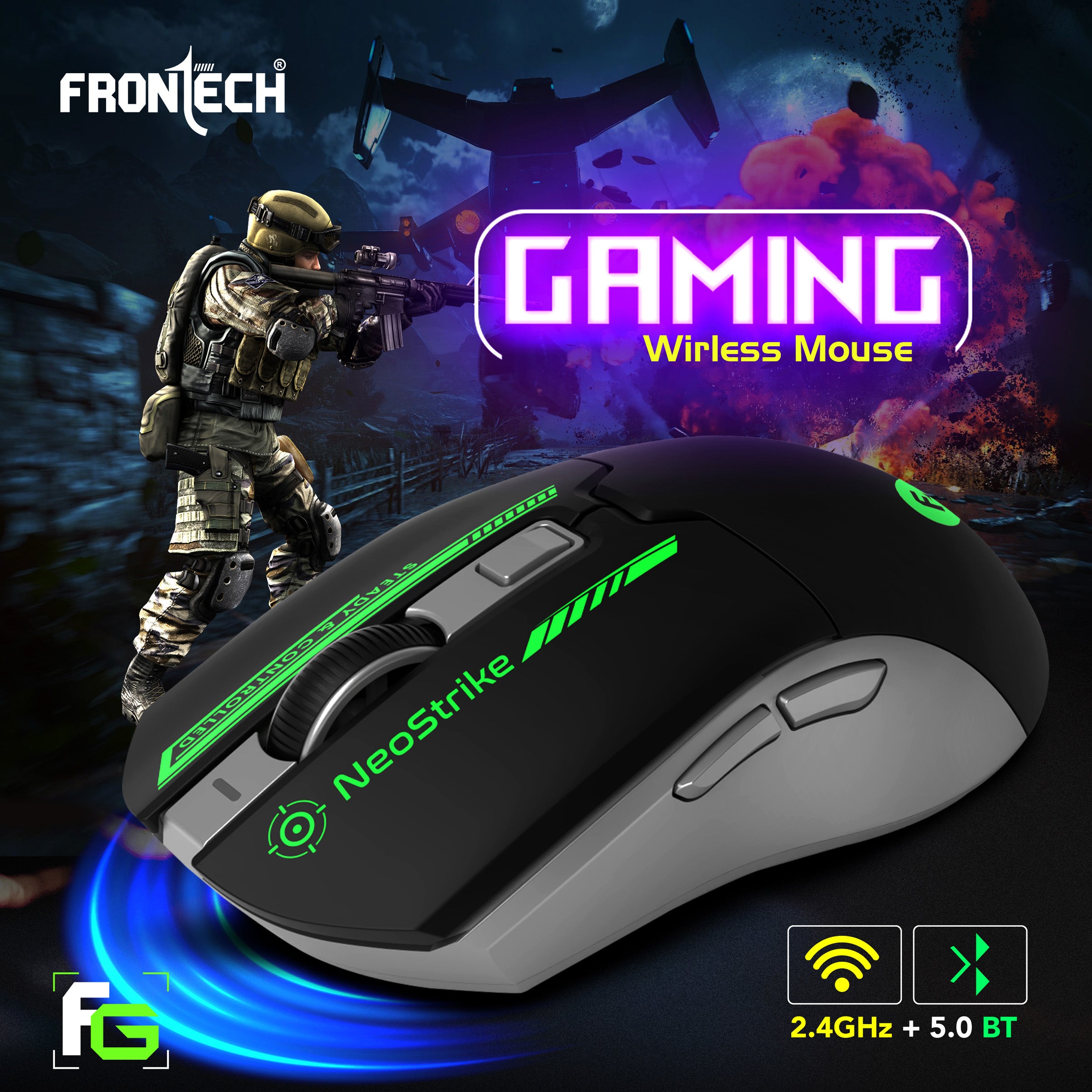 Frontech Neo Strike Wireless Gaming Mouse with 3200DPI, Comfortable & Ergonomic Design, RGB LED Lights, 6 Buttons, in-Built Rechargeable Battery, Power & LED ON/Off Switch.(MS-0059) Frontech Neo Strike Wireless Gaming Mouse with 3200DPI, Comfortable & Ergonomic Design, RGB LED Lights, 6 Buttons, in-Built Rechargeable Battery, Power & LED ON/Off Switch.(MS-0059)